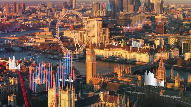 London skyline showing big data infographics with charts and diagrams. Financial technology information overlay on Europan city. Modern smart city with data visualization