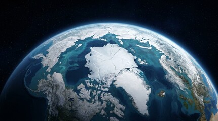 Fototapeta premium Globe Representing Earth, World and Continents, Vast view of Earth from space, highlighting polar regions and ocean colors against a starry backdrop.
