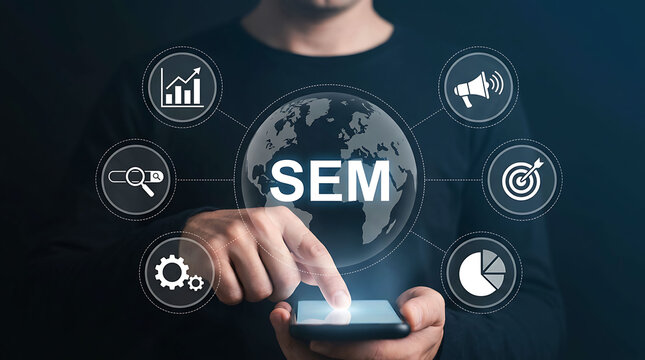 Digital marketing concept with SEM strategy and global connection on smartphone