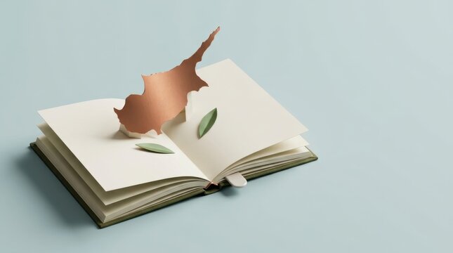 Open educational book with pop-up Cyprus map and leaves illustration against light background