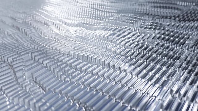 Transparent glass blocks arranged in repeating rows on a reflective surface with soft light