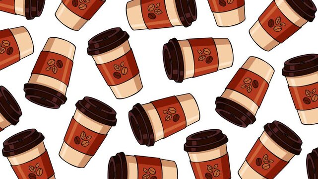 Seamless coffee takeaway cup pattern with warm brown and orange tones on a white background