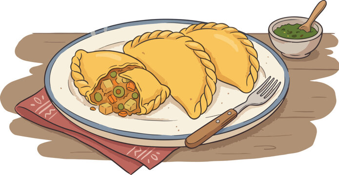 Empanada pastry plate with savory filling served with green sauce on a rustic wooden table for a delicious traditional