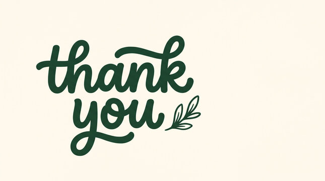 Thank you handwritten calligraphy text in dark green with decorative botanical leaf calligraphy lettering handwritten