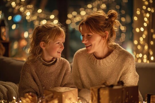 Smiling mother and daughter enjoy time together during the holiday season at home