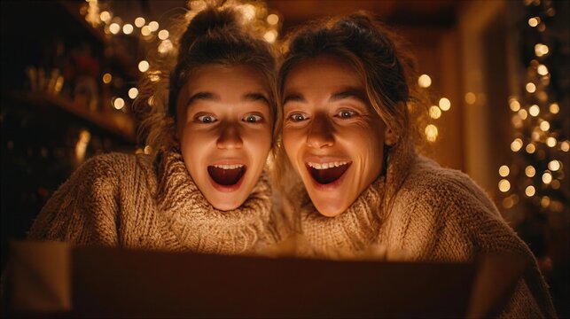 Two friends open a gift together during the holiday season at home by the lights