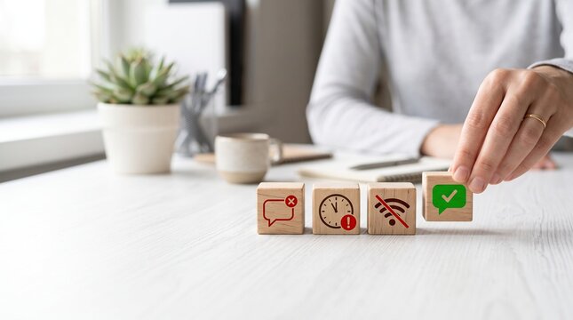 Responsive customer support concept with wooden blocks showing unanswered messages, delayed response, disconnected service and instant reply approval on a clean white desk