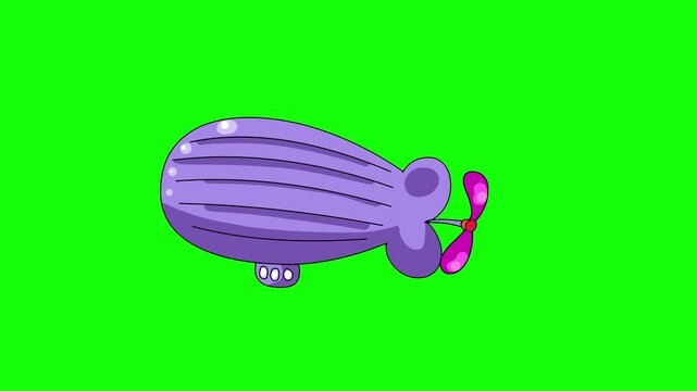Zeppelin cartoon animation on greenbox. Big airship with propeller moving slowly on green screen background.