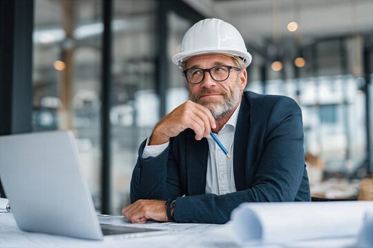 Construction manager working in an office with plans and a laptop on the table