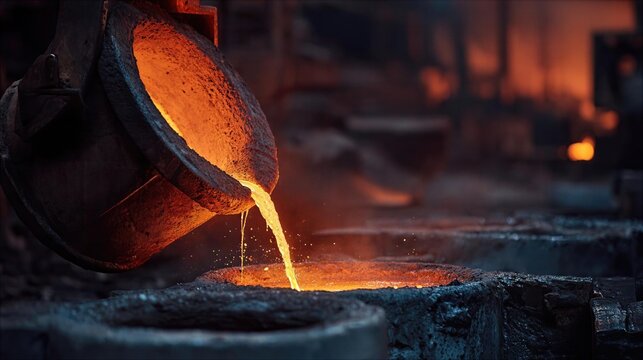 Molten metal being poured into molds in a foundry during evening hours