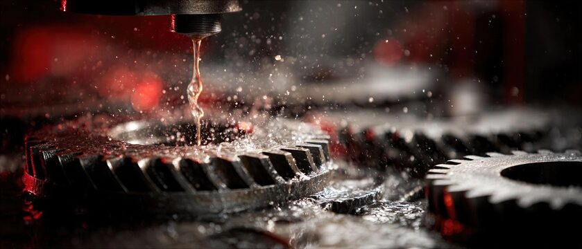 Close-up of gears and fluid in a workshop during the afternoon