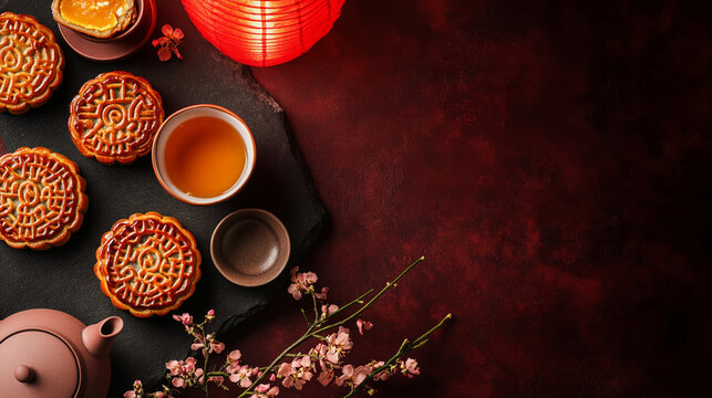 Overhead mooncakes and tea on dark slate with red background