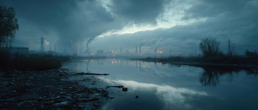 Factory near a river with smoke in the sky during early evening