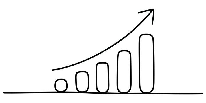 Vector illustration of a simple bar graph with four ascending bars of increasing height and a diagonal arrow pointing upwards to represent positive growth trend