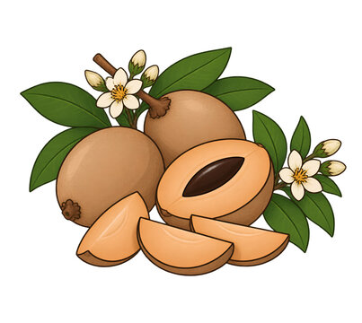 Sapodilla Chikoo Fruit Cartoon Illustration Whole Half Slices Flowers Leaves Isolated on Transparent Background