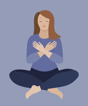 Woman sitting in lotus position and doing butterfly hug, calming and self-soothing concept
