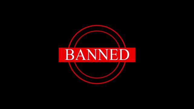 Red banned stamp icon with bold white text inside a circular frame for official warning and prohibited content alerts isolated on a clear transparent background