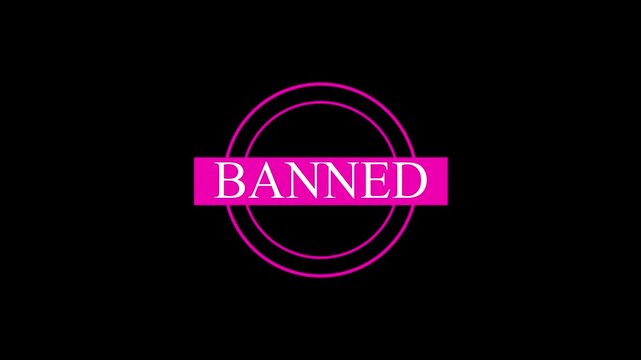 Bright pink neon style banned stamp icon with a circle border isolated on a simple black background for digital warning signs and modern graphic design projects
