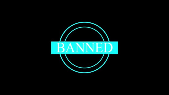 Cyan neon light style banned stamp sign with double circle border frame isolated on a black background for digital warning and restricted content label graphic design