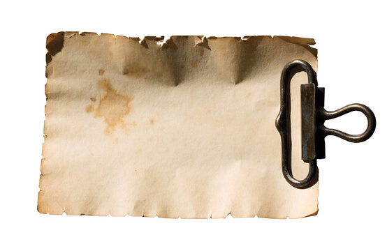 Vintage Rectangular Aged Paper Sheet With Weathered Texture And Metal Binder Clip On Right Side Isolated Transparent PNG