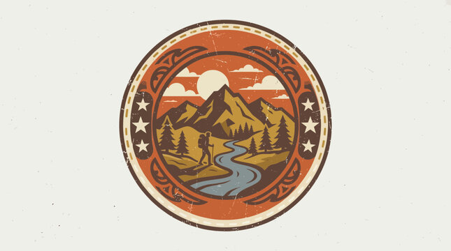 Vintage retro badge emblem vector illustration featuring hiker in mountain landscape with river and sun