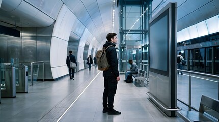 Fototapeta premium Young male student with backpack standing at modern metro train station