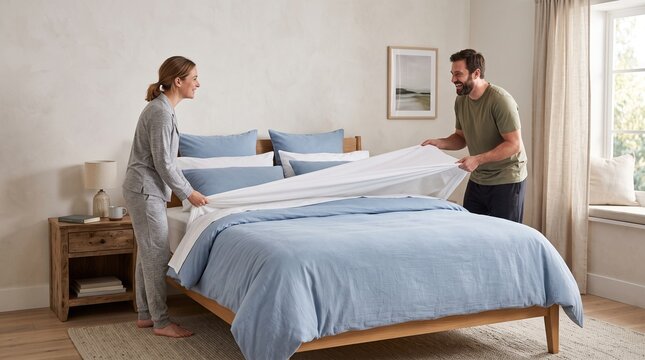 Partners negotiate a stubborn fitted sheet at sunrise