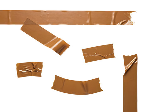 Brown adhesive tape pieces set. Various torn plastic shipping tape strips with wrinkles and sticky texture on white background. Packaging materials