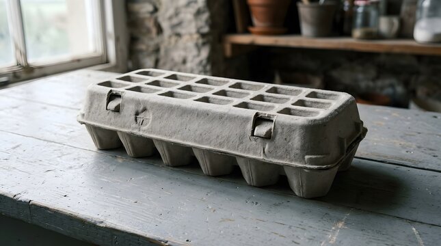 Standard molded pulp egg carton sitting on light blue rustic wooden table surface background.