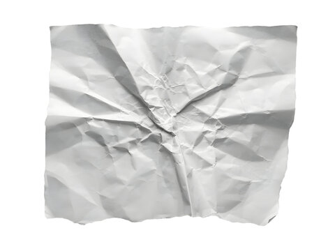 Crumpled white paper texture. Square wrinkled sheet with folded creases and shadows. Isolated on white background for design mockups