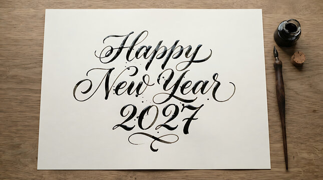 Calligraphy for happy new year 2027 on white paper with ink pen