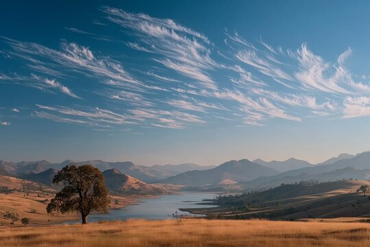 Scenic landscape of a lone tree on golden hills overlooking a serene lake beneath wispy cirrus clouds