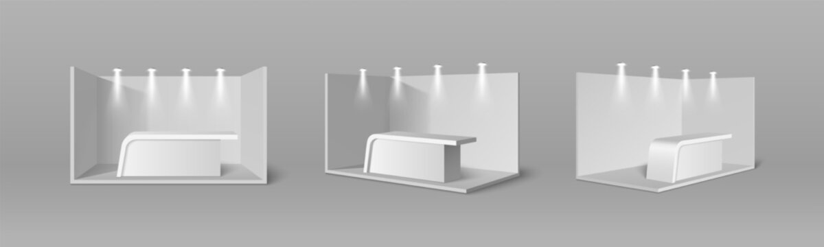 3D exhibition booth mockups isolated on background. Vector realistic trade designs with counter desk and spotlights, empty corner display with white walls and fair stall, front and perspective view