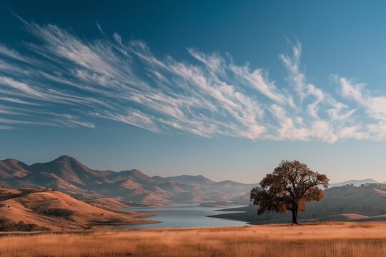 Solitary Oak Tree Standing in Golden Grass Valley Overlooking Lake and Mountains Under Cirrus Sky