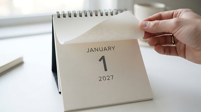Hand flipping desk calendar page for happy new year 2027 celebration