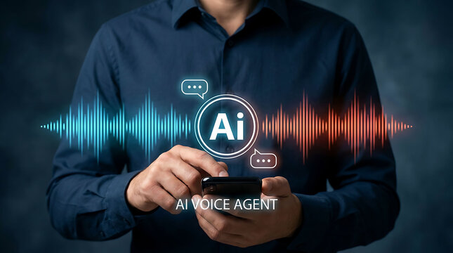 Man using smartphone with AI voice agent interface and audio wave graphics