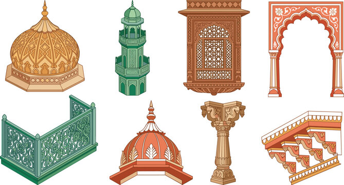 Flat vector illustration set of traditional Indian architectural elements featuring domes arches minarets pillars balconies and windows