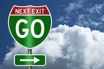 Go Next Exit text on an American interstate road sign with sky for next steps © Karen Roach