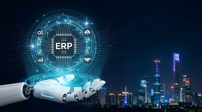 AI robot hand holding a glowing digital ERP system chip over a smart city