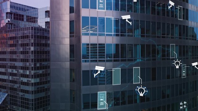 Smart building management with cctv cameras and iot devices in Chicago, digital overlay of infographics and data visualization for a futuristic smart city concept
