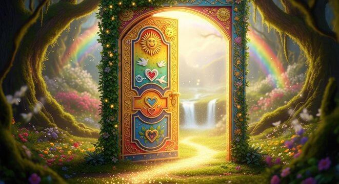 Enchanted door opening to bright garden with rainbow arc.