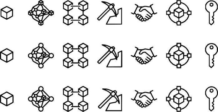 Blockchain technology and business network line icon set in white background with line icons crypto currency network connection digital mining business han