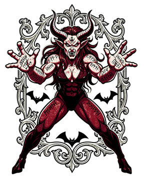 Aggressive Demonic Woman with Horns and Rune Tattoos