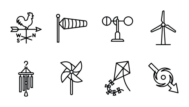 Weather Vane, Wind Sock, Anemometer, Wind Turbine Icons: Meteorology & Wind Measurement Set