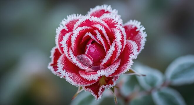 Frosted red rose close-up.