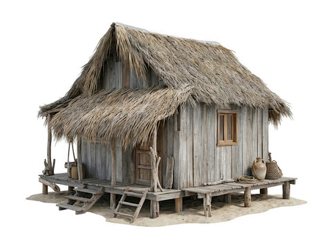 Detailed miniature model of an old weathered wooden hut on stilts with wooden house thatched roof stilt house