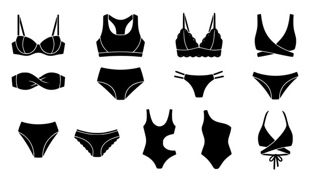 Collection of black silhouette swimwear and lingerie icons isolated on a white background