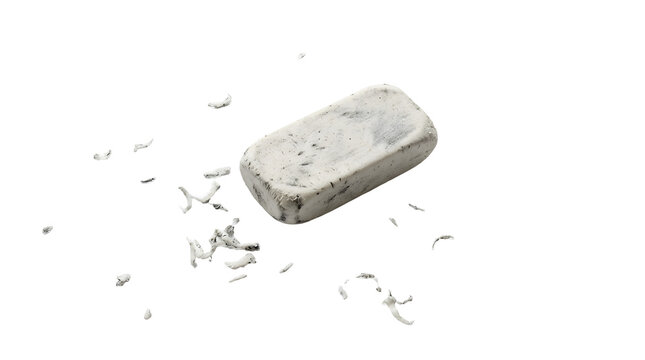 White rubber eraser with graphite pencil shavings isolated on a transparent background
