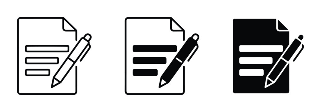 Document Writing Icons, Pen and Paper Symbols, Contract Signing Graphics