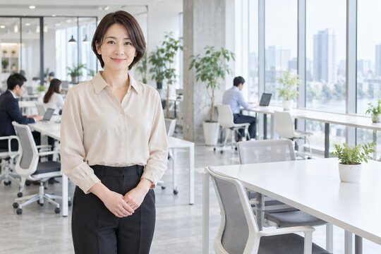 明るいオフィスで両手を前に重ねて立ち笑顔を見せる白いシャツの日本人女性
